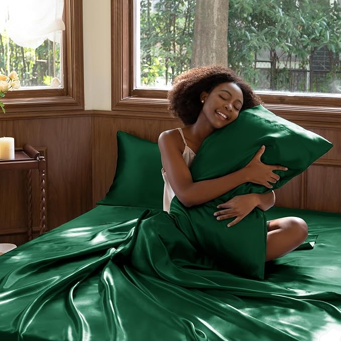 CozyLux Satin Sheets Full Size Sheets - 4 Piece Silky Full Size Bed Sheets, Luxury Dark Green Full Bed Set with Smooth and Soft Microfiber, Includes 1 Fitted Sheet, 1 Flat Sheet and 2 Pillowcases