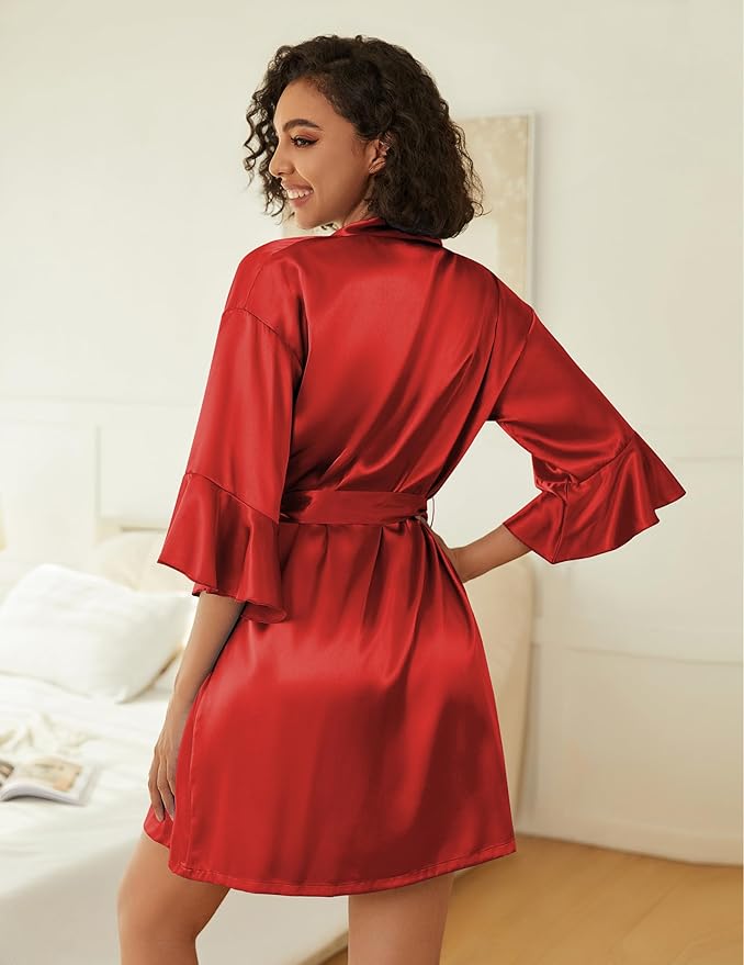 Ekouaer Women's Silk Robe Set V-neck 2 Piece Bridal Party Robes and Satin Bathrobe Set with Pockets