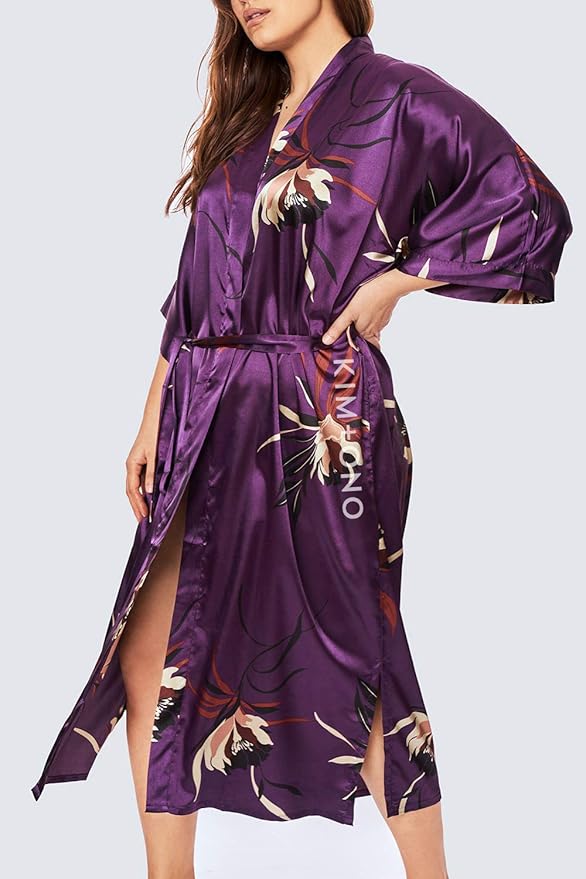 KIM+ONO Plus Size Luxury Kimono Robe for Women | Long Satin Floral Robe | Original Design | Removable Waist Tie Closure