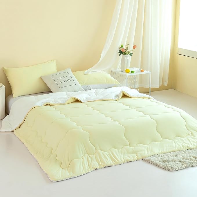 COTTEBED Reversible Queen Sized Bedding Comforter Sets - Cute Jersey Knit T-Shirt Feel Dual-Sided Full Down Comforters - Ultra-Soft Lightweight Quilt & 2 Pillow Shams All Season Use (Yellow and White)