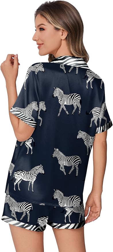 Ekouaer Womens Silk Satin Pajamas Set Animals Print Pjs Button Down Short Sleeve Lounge Set 2 Piece Sleepwear