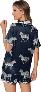 Ekouaer Womens Silk Satin Pajamas Set Animals Print Pjs Button Down Short Sleeve Lounge Set 2 Piece Sleepwear