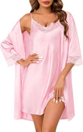 SWOMOG Women's Satin Robe Set 2 Piece Sexy Pajamas Sets Lace Cami Nightgown and Silk Robes Nightwear