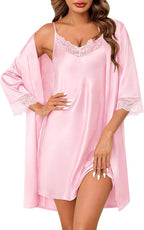 SWOMOG Women's Satin Robe Set 2 Piece Sexy Pajamas Sets Lace Cami Nightgown and Silk Robes Nightwear