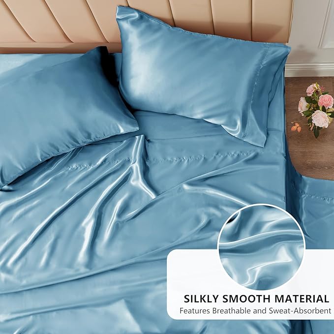 CozyLux Satin Sheets Queen Size Bed Set - 4 Piece Silky Queen Sheet Set, Luxury Sky Blue Queen Sheets with Smooth and Soft Microfiber, Includes 1 Fitted Sheet, 1 Flat Sheet and 2 Pillowcases