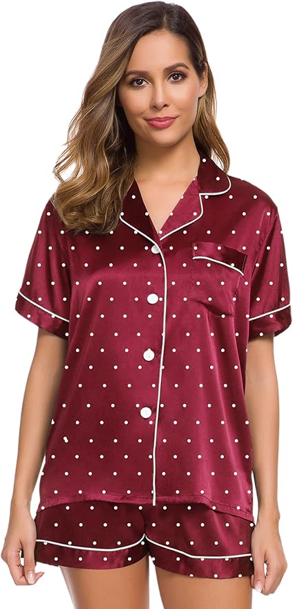 SWOMOG Womens Silk Satin Pajamas Set Short Sleeve Sleepwear Button Down Top and Shorts Loungewear 2 Piece Pjs Set XS-3XL
