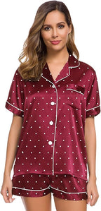SWOMOG Womens Silk Satin Pajamas Set Short Sleeve Sleepwear Button Down Top and Shorts Loungewear 2 Piece Pjs Set XS-3XL