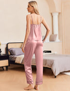 Ekouaer Women Silk Satin Pajamas Sleeveless Pjs Set 2 Piece Summer Loungewear Sleepwear with Pockets S-XXL