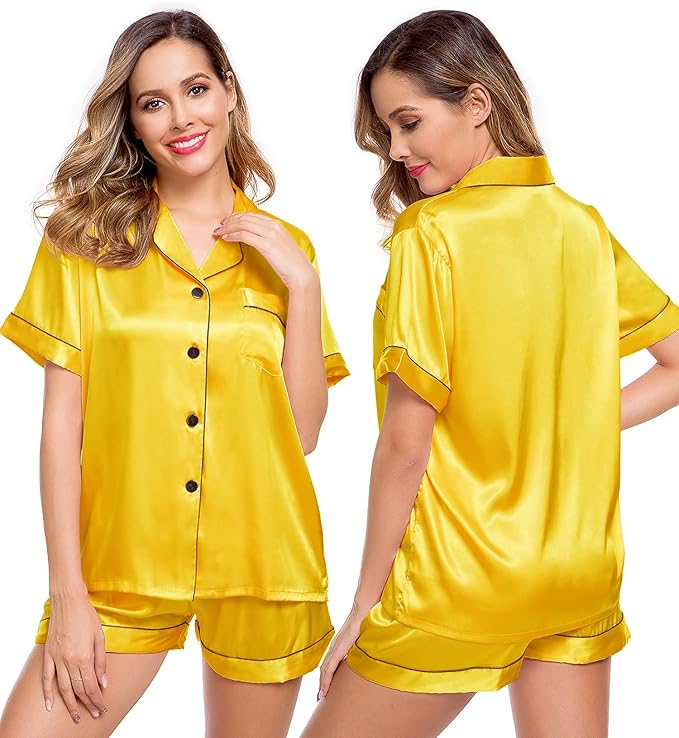 LecGee Womens Silk Satin Pajamas Short Sleeve Loungewear Two-Piece Sleepwear Button-Down Pj Set