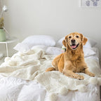 ATMOSURELY Ultra Soft Chenille Cable Knit Throw Blanket with Handmade Pom Poms Cozy Fluffy Knitted Blanket Lightweight Warm Woven Farmhouse Blanket for Bed Sofa Couch 50x60 Inches (Geometry Beige)