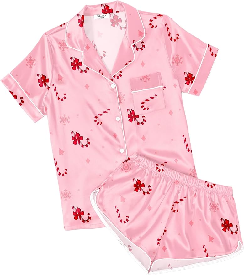 Ekouaer Womens Silk Satin Pajamas Short Sleeve PJS Shorts Set Soft Button Down Sleepwear 2 Piece Loungewear S-5XL