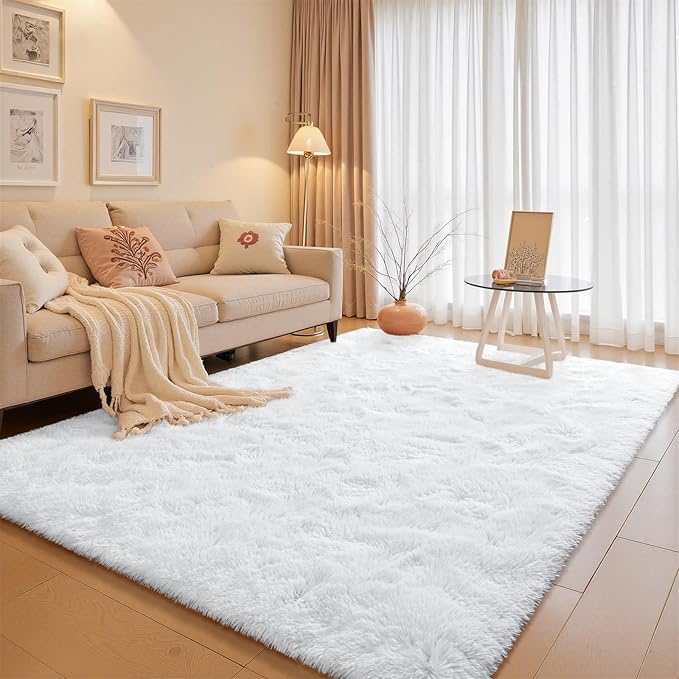 junovo 8x10 White Washable Area Rug for Girls Bedroom Living Room, Soft Non-Slip Fluffy Rugs, Shag Plush Memory Foam Carpet for Kids Room Baby Nursery Home Decor