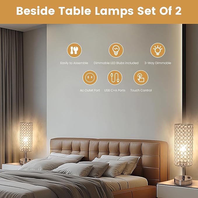 Crystal Table Lamp Set of Two Chrome Dimmable USB Charging Touch Control Bedside Lamps for Night Stands Bedroom Living Room (Bulb Included)