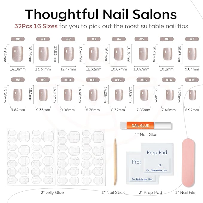 Modelones Cat Eye Press on Nails Short, Square Fake Nails, Reusable Nail Kit with Nail Glue Adhesive Tabs Mini Nail File, Nails Press Ons 32Pcs 16Sizes, Women Girl Gift