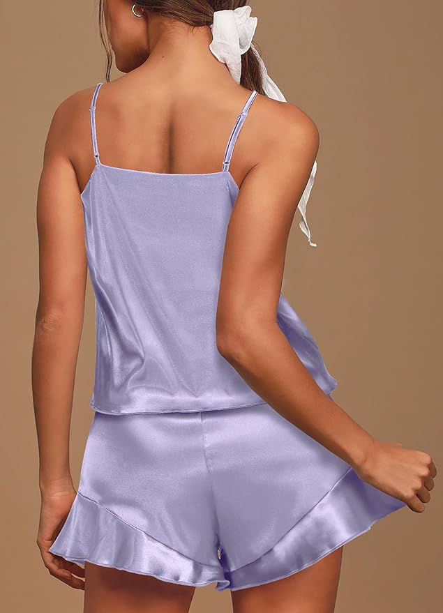 Aamikast Womens Silk Satin Pajama Sets Sexy Cami Ruffled Shorts Sets 2 Piece Pjs Sleepwear