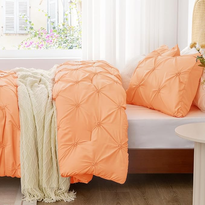 BEDELITE Apricot Queen Comforter Set - 3 Pieces Boho Pintuck Bedding Comforter Sets, Lightweight Soft & Warm Bed Comforter Queen with 2 Pillowcases for All Season