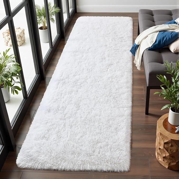 Macgace Fluffy Runner Rug, 2x6 White Washable Hallway Area Rugs for Bedroom Living Room Kitchen Laundry, Long Shag Rug with Non Slip Rubber Backing Fuzzy Entryway Carpet Modern Home Decor