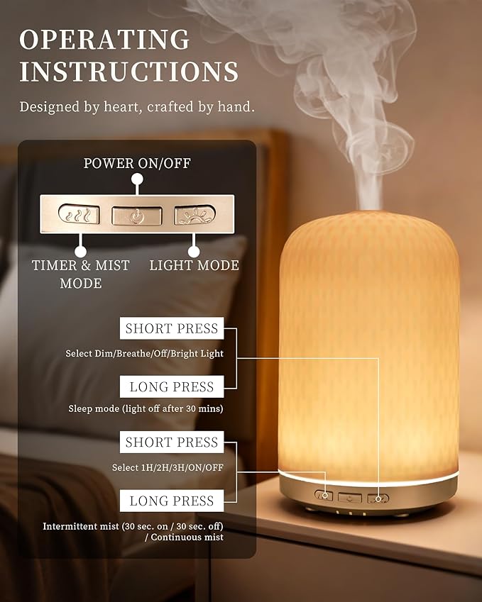 Onaboviva Essential Oil Diffuser -2.4MHz Ultrasonic Pink Ceramic Diffuser for Home,120ml, Pulse&Continuous Mist, Bright/Dim/Breathing Lighting, Waterless Auto-Off, Aromatherapy Diffuser with USB Cable