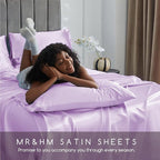 MR&HM Satin Bed Sheets with Elastic Corner Straps, Queen Size Sheets Set, 4 Pcs Silky Bedding Set with 15 Inches Deep Pocket for Mattress (Queen, Lilac)