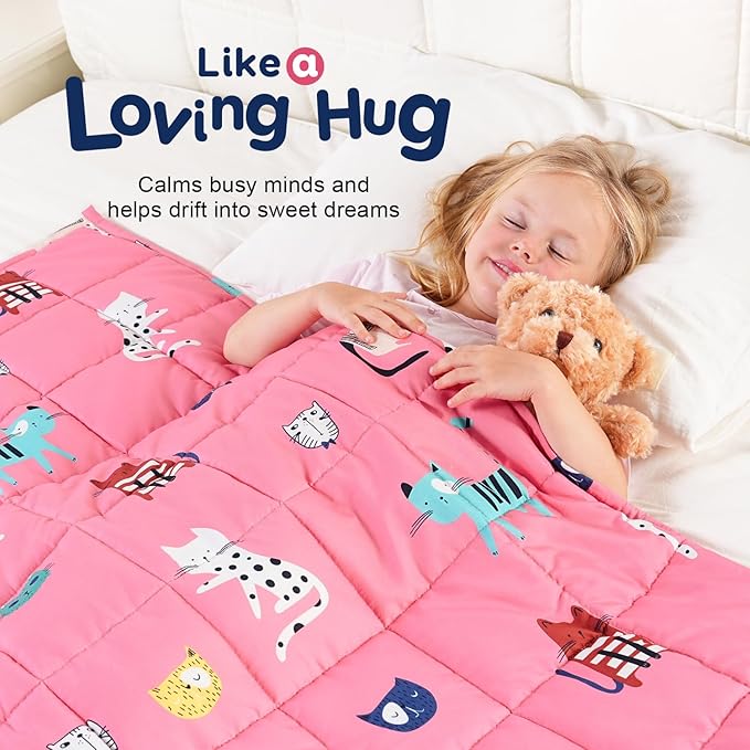 Kivik Cooling Weighted Blanket 7 Pounds, Breathable Weighted Blankets, Ultra Soft Heavy Throw for Relaxing & Sleeping, Machine Washable, 41 x 60 Inches, Cute Cat Printing, Pink