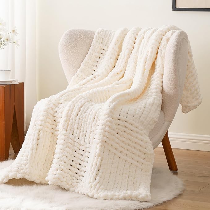 Bunnikins & Clover Cream White Hand Knitted Blanket with Chenille Yarn, Chunky Knit Ivory Throw Blanket for Bed Living Room Home Decor, 50"x60"