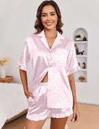 Ekouaer Satin Pajama Set for Women Button Down Silk 2 Piece Pj Sets Ruffle Short Sleeve Sleepwear