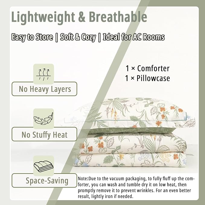ALEISSEL Natural Cotton 2pcs Botanical Comforter Sets Twin Size-Green Comforter with Red & Blue Flowers,Gray Leaves on Off-White, Reversible Lightweight Bedding Sets(Twin 68"×90")