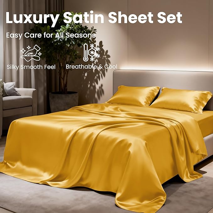 Love's cabin Full Size Satin Sheet Sets - 4 Piece Gold Silky Sheet Set with Deep Pocket, Luxury Silk Feel Satin Sheets Full Bedding Set (1 Flat Sheet,1 Fitted Sheet,2 Pillow Cases)