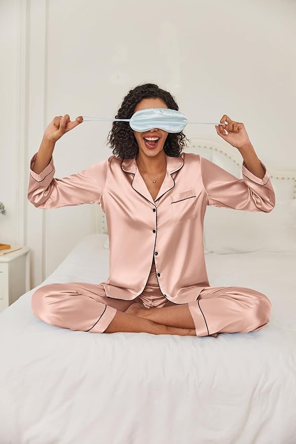 Ekouaer Women's Classic Button Down Long Satin Silk Pajama Set