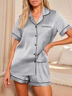 LILLUSORY Silk Satin Pajama Set for Women 2 Piece Lounge Pjs Winter Matching Summer Sleepwear Button Down Shirt Shorts
