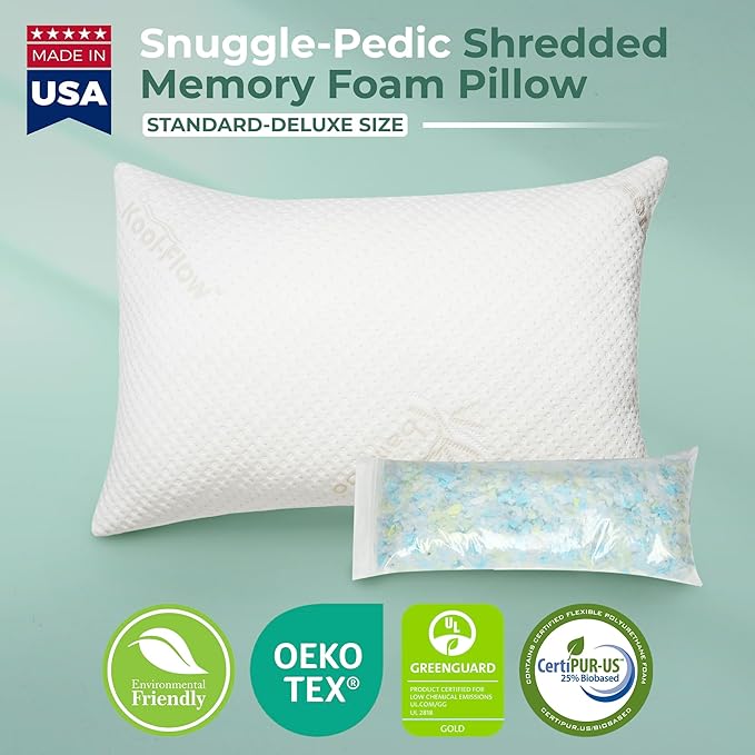 Snuggle-Pedic Adjustable Memory Foam Pillows - ﻿GreenGold Certified Pillow w/ Viscose of Bamboo Cover for Side, Stomach & Back Sleepers - Made in the USA - ﻿Standard