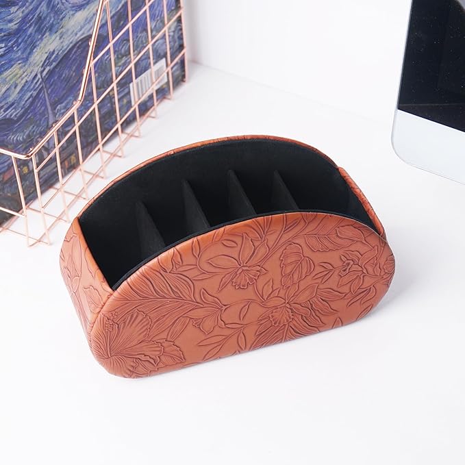 QIELIZI Remote Control Holder, PU Leather Remote Caddy Desktop Organizer with 5 Spacious Compartments for TV Remotes/Media Controllers/Office Supplies (1-Carved Brown