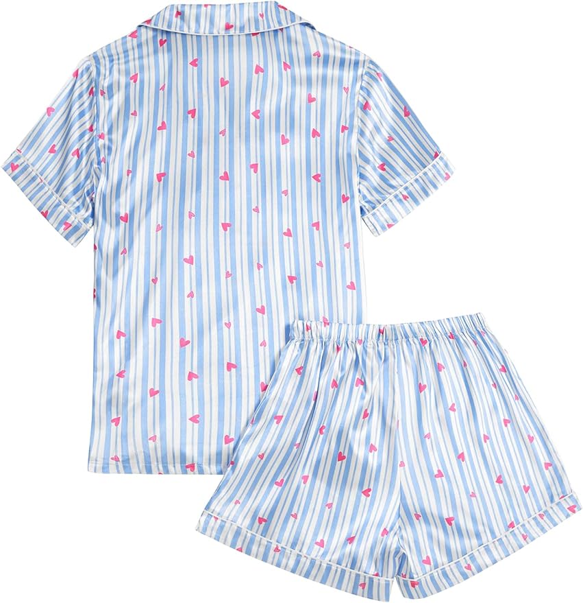 LYANER Women's Silky Satin Pajamas Set Short Sleeve Button Down Shirt With Shorts Pjs Set Sleepwear