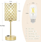 Hong-in Gold Lamps for Night Stands-Crystal Table Lamp with USB-C+A & AC Charging Ports, 3-Way Dimmable Nightstand Touch Lamp, Bedside Desk lamp for Bedroom Living Room Home Office