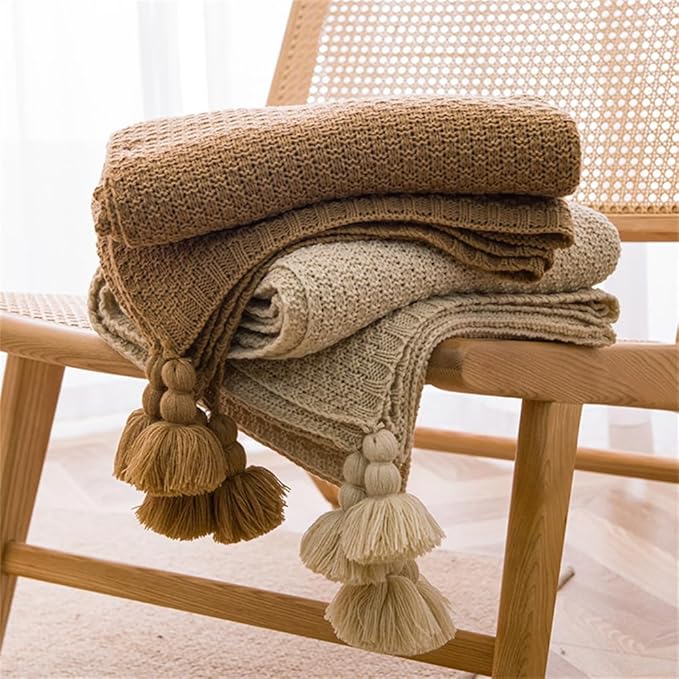 Chunky Cable Knitted Throw Blanket for Couch, Sofa and Bed, 43.3X60IN Lightweight Rustic Decorative Cozy Farmhouse Throw Blankets for Women and Man (Tan)