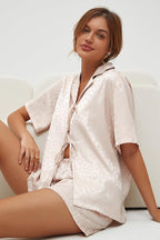 CHYRII Women's Silk Satin Pajamas Sets Tie Front Short Sleeve Tops and Shorts Two Piece Pj Sets Sleepwear
