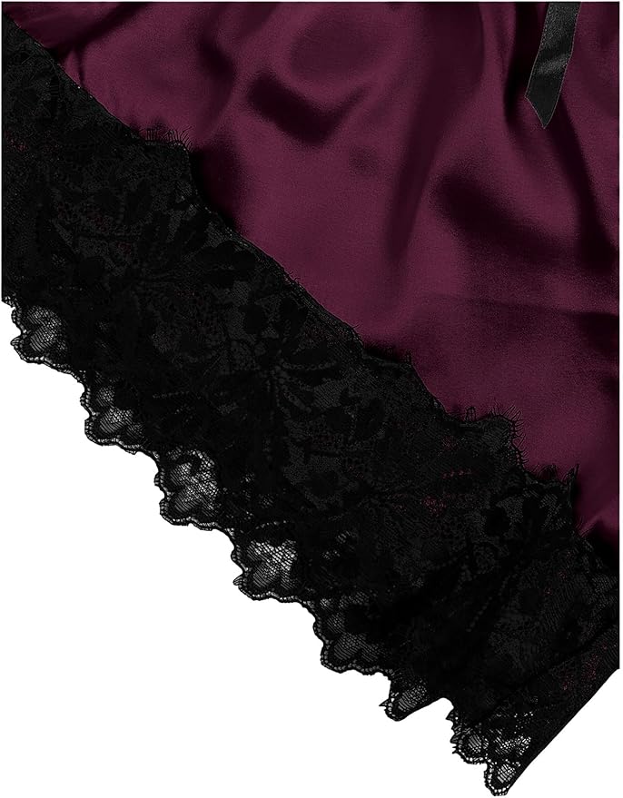 WDIRARA Women' Silk Satin Pajamas Set 4pcs Lingerie Floral Lace Cami Sleepwear with Robe
