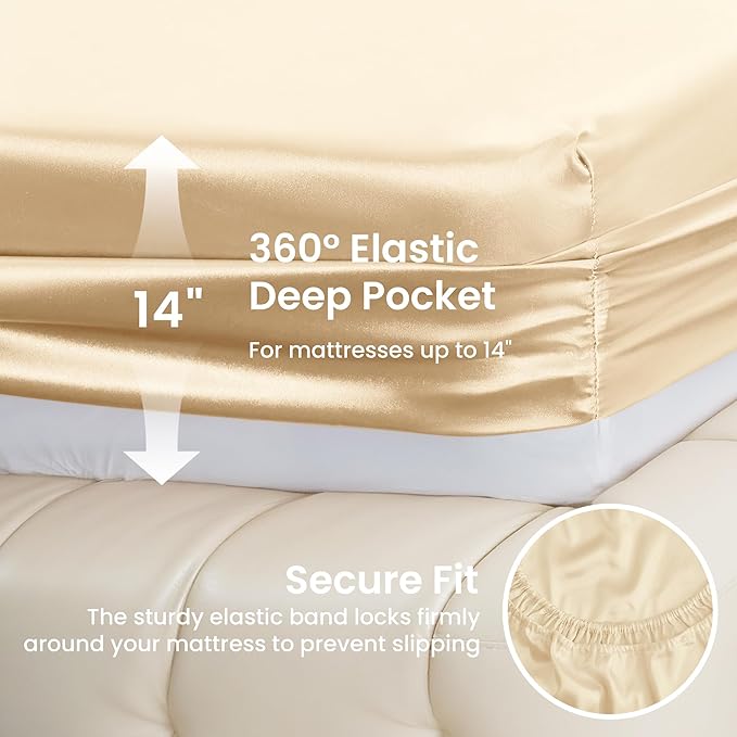Love's cabin Twin Satin Sheets Sets - 3 Piece Beige Silky Bed Sheets with Deep Pockets, Luxury Silk Feel Satin Twin Size Sheet Set Bedding Set (1 Flat Sheet,1 Fitted Sheet,1 Pillow case)