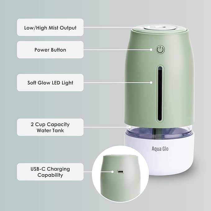Aqua Glo Personal, Portable Humidifiers for Bedroom – Ultrasonic Cool Mist Humidifier with Built In Rechargeable Battery. Air Humidifier for Baby, Plants, Home, Office, Travel. Mint Green