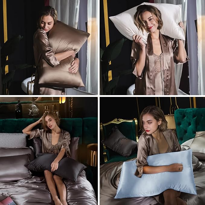 Silk Pillow Cases 2 Pack, Mulberry Silk Pillowcases Standard Set of 2, Smooth, Anti Acne, Both Sides Natural Silk Satin Pillow Cases for Sleeping Women 2 Pack with Zipper, Taupe