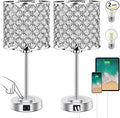 Crystal Table Bedside Lamp Touch Control, Dimmable Small Nightstand Lamp Set of 2 with USB-C+A Charging Ports, Decorative Silver Tabletop Lamp for Bedroom Living Room Guest Room, Bulbs Included