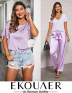 Ekouaer Womens Satin Silky Pajama Set Short Sleeve Shirt with Long Pajama Pant Set Soft PJ Loungewear