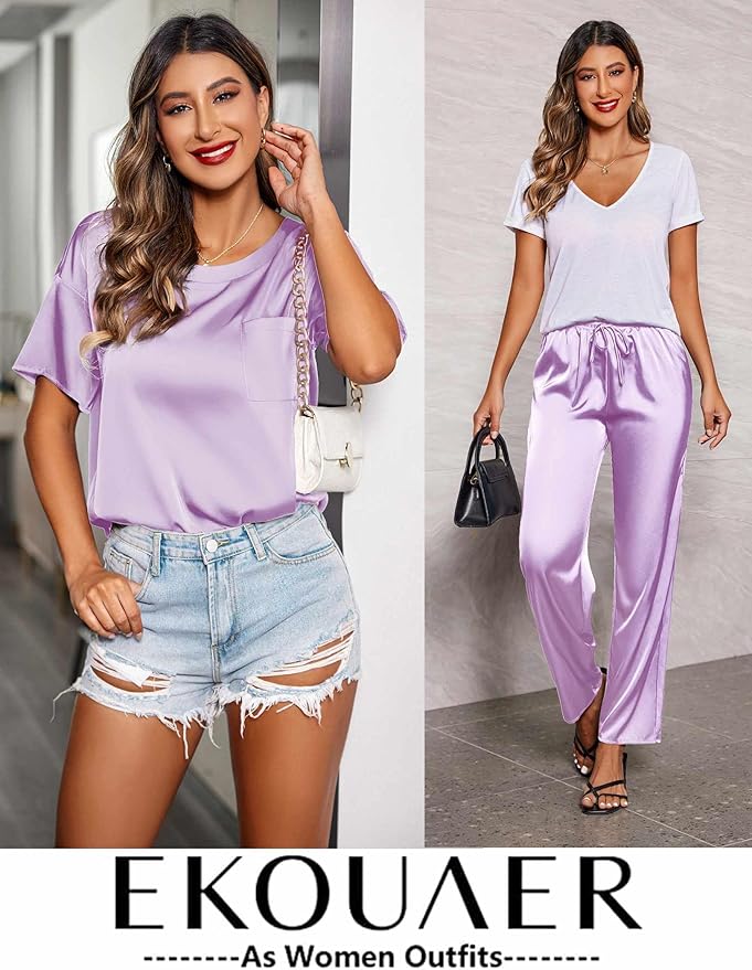Ekouaer Womens Satin Silky Pajama Set Short Sleeve Shirt with Long Pajama Pant Set Soft PJ Loungewear