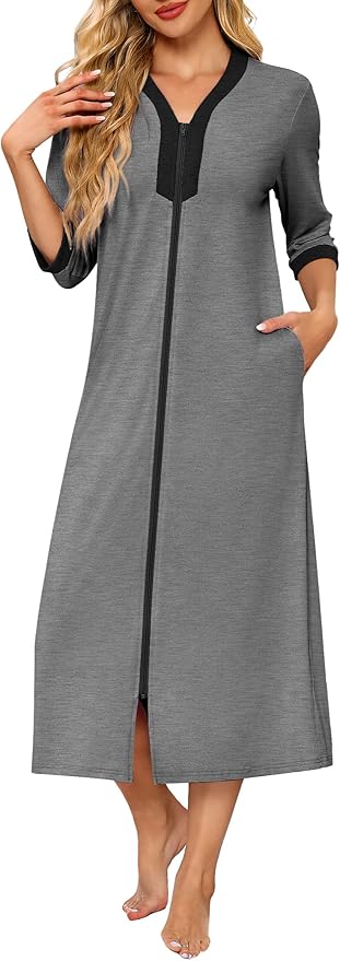 Ekouaer Women's Zipper Robe 3/4 Sleeves Housecoat Full Length Nightgown Soft Loungewear Robe with Pockets S-3XL
