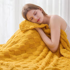 NEWCOSPLAY Super Soft King Blanket Mustard Yellow Premium Silky Flannel Fleece 3D Checkered Lightweight Bed Blanket All Season Use (Mustard Yellow Checkered, King(90"x110"))
