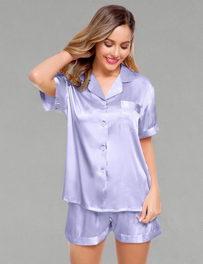 LecGee Womens Silk Satin Pajamas Short Sleeve Loungewear Two-Piece Sleepwear Button-Down Pj Set