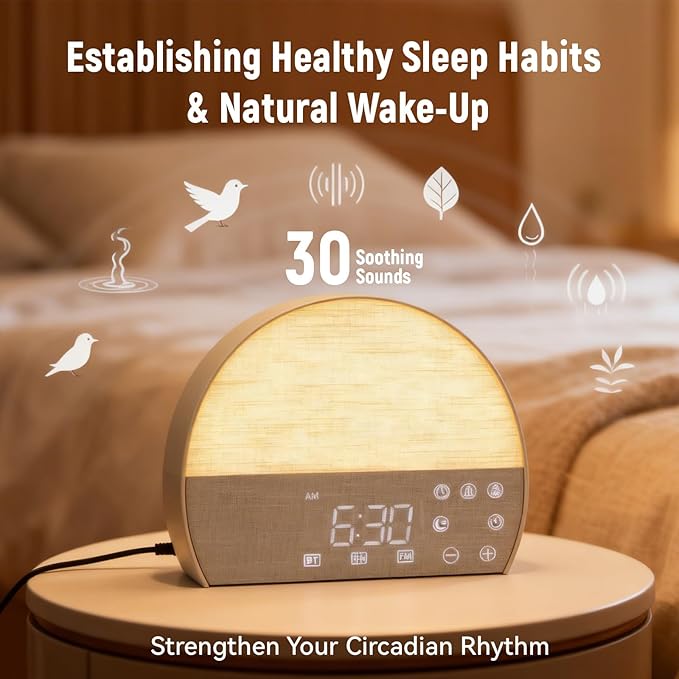 Sunrise Alarm Clock for Heavy Sleepers & Adults, Wake Up Light with Bluetooth Speaker, White Noise Machine with 30 Soothing Sounds, FM Radio, Dual Alarms, Dimmable Clock, Smart Touch Screen