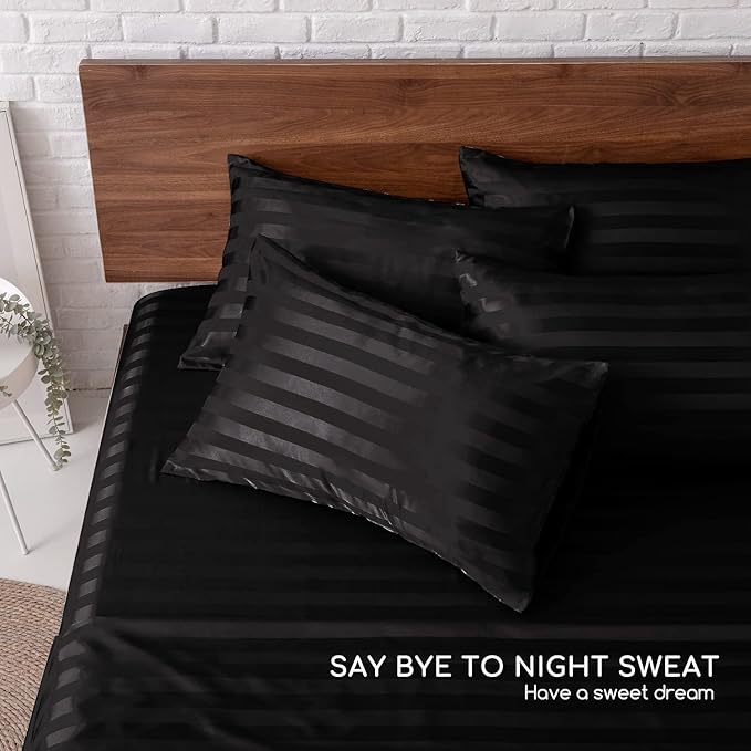 MR&HM Satin Bed Sheets, Queen Size Sheets Set, 6 Pcs Silky Bedding Set with 15 Inches Deep Pocket for Mattress (Queen, Black Striped)