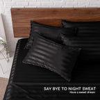 MR&HM Satin Bed Sheets, King Size Sheets Set, 6 Pcs Silky Bedding Set with 15 Inches Deep Pocket for Mattress (King, Black Striped)