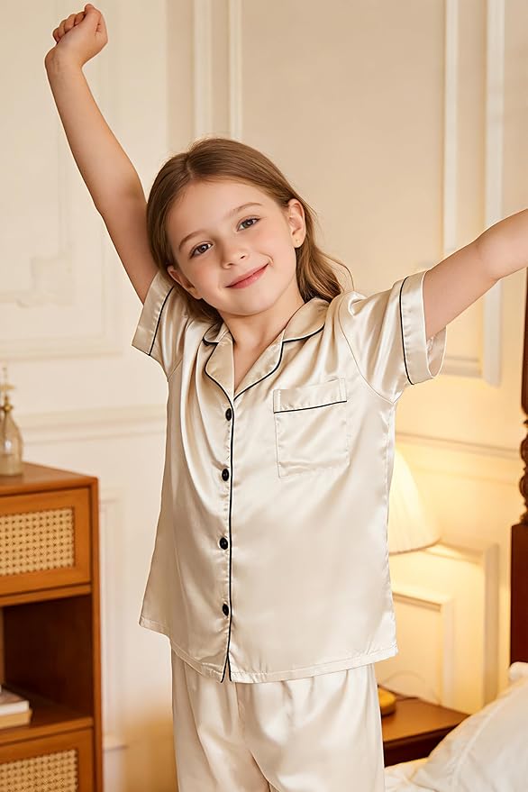 Hupohoi Unisex Girls Boys Kids Pajama Sets Button Down Satin Sleepwear Nighty 3PCS Silky Lounge Sets Nightwear